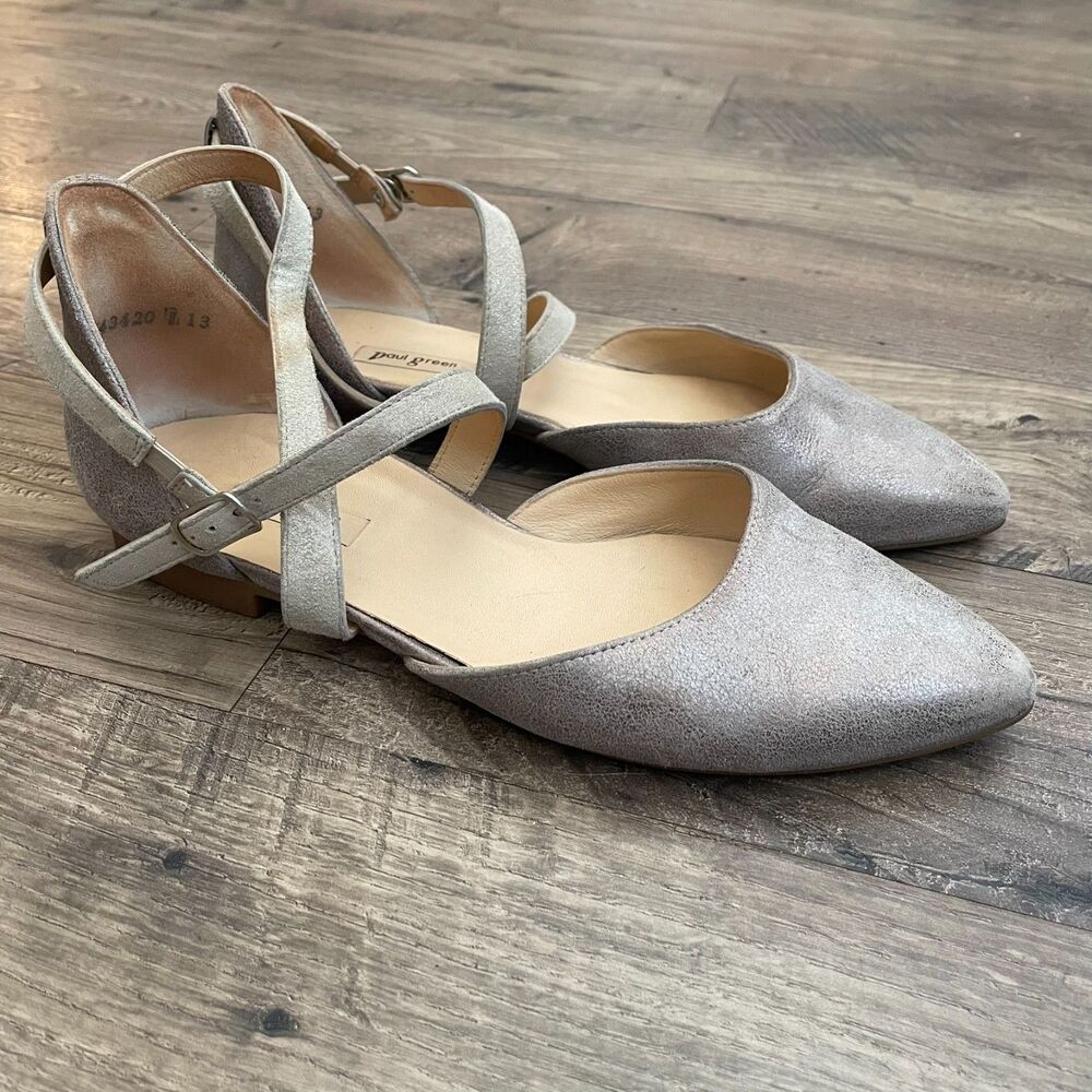 PAUL GREEN Margo Flats Metallic Silver Pointed Toe Cross Strap Flats